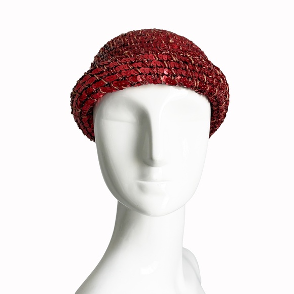 Vintage 1970s Halston Sequin Skull Cap Beanie – Red Disco Era Studio 54 Glam - Picture 3 of 12